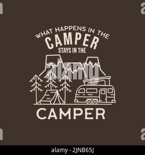 Camping adventure badge design in line art style. Summer outdoors t shirt graphics with quote - Camper. Stock vector logo label Stock Vector