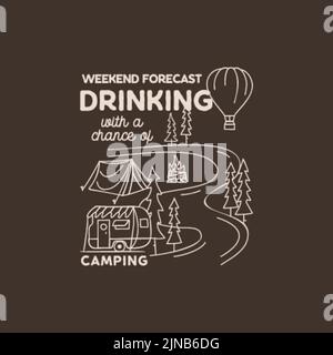 Camping adventure badge design in line art style. Summer outdoors t shirt graphics with quote. Stock vector logo label Stock Vector