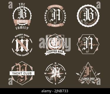Monogram logo designs set. Classic monograms with different phrases and texts. Stylish badges for web and print. Stock vector labels isolated on dark Stock Vector