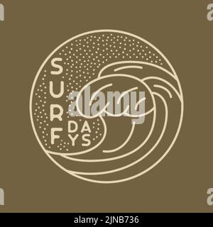 Camping adventure badge design. Outdoor crest logo with surf waves. Travel silhouette label isolated on dark. Stock vector tattoo graphics emblem Stock Vector