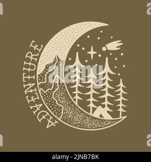Camping adventure badge design. Outdoor crest logo with mountains inside the moon. Travel silhouette label isolated on dark. Stock vector tattoo Stock Vector