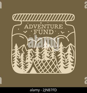 Camping adventure badge design. Outdoor crest logo with tent and trees inside the jar . Travel silhouette label isolated on dark. Stock vector tattoo Stock Vector