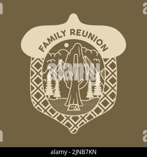 Camping adventure badge design. Outdoor crest logo with mountains and tent inside the acorn. Travel silhouette label isolated on dark. Stock vector Stock Vector