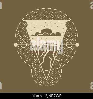 Camping adventure badge design. Outdoor crest logo with mountains and volcano. Travel silhouette label isolated on dark. Stock vector tattoo graphics Stock Vector