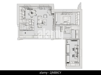 Illustration of interior. Plan. Illustration of apartment in blueprint style. Stock Photo