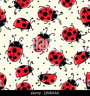 Fashion animal seamless pattern with colorful ladybird on white polka dots background. Cute holiday illustration with ladybags for baby. Design for Stock Vector
