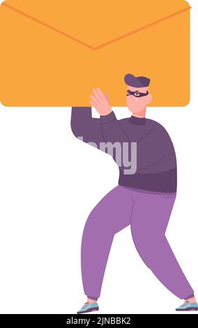 Cyber criminal steal mail. Hacker holding big envelope isolated on white background Stock Vector