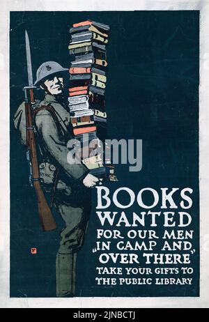 Books wanted for our men in camp and over there, Take your gifts to the public library. American World War I era poster by Charles Buckles Falls Stock Photo