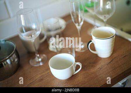 Unwashed dirty dishes after the holiday. Stock Photo
