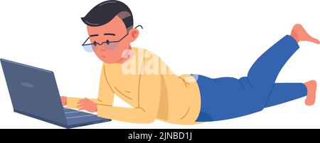 Boy in glasses laying on floor with laptop. Smart kid using computer isolated on white background Stock Vector