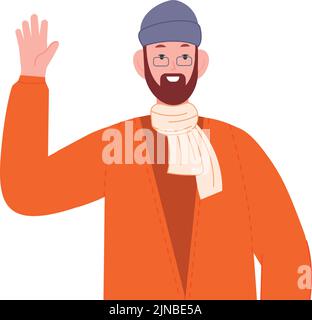 Hispanic man greeting. Guy waving hand gesture isolated on white background Stock Vector
