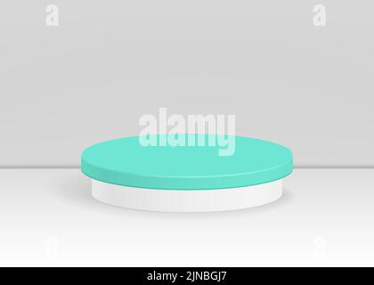 White and mint podium. Blank round pedestal. Awarded winner podium for outstanding luxury cosmetic product advertising on gray gradient lighting background Stock Vector