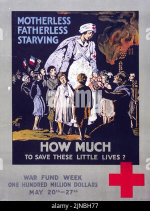 Motherless, fatherless, starving, How much to save these little lives? War Fund Week, Red Cross (1918) American World War I era poster Stock Photo