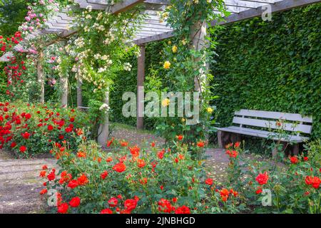 Idyllic corner with gazebo and flowers in Kurpark, Baden Wurttemberg, Germany Stock Photo