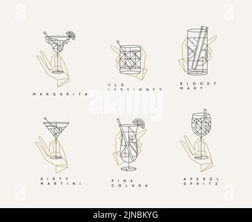 Set of hand holding drink glasses margarita, old fashioned, bloody mary, pina colada, aperol spritz, dirty martini in art deco style. Stock Vector
