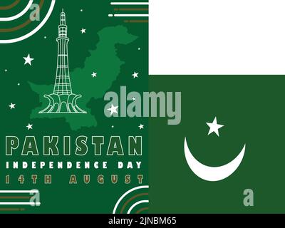 Vector design banner celebrating Pakistan independence day on the 14th of August with map and historic buildings Stock Vector