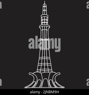 Vector illustration design of the Minar E Pakistan tower located in Lahore, Pakistan isolated on a black square background Stock Vector