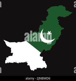 Vector design illustration of the Pakistan map with the crescent and star on it with colors of green and white. all isolated on a black square backgro Stock Vector