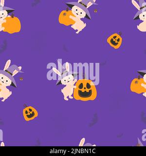Cute Halloween background. Seamless pattern with funny Halloween bunny in witch hat with spider and Jack Pumpkin on purple background with bats and co Stock Vector