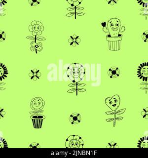 Retro seamless pattern with groovy element. Cute cartoon characters with faces funky flower power with patch, daisy flowers, cactus flower pot on gree Stock Vector