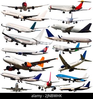 Collage of different modern airplanes on white background Stock Photo