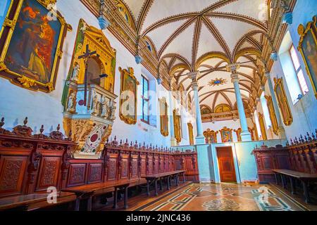 CERTOSA DI PAVIA, ITALY - APRIL 9, 2022: Refectory hall in Certosa di Pavia monastery complex, on April 9 in Certosa di Pavia, Italy Stock Photo