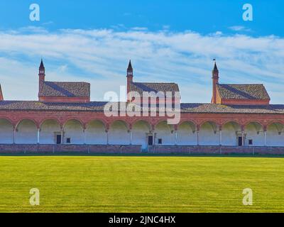 The monk's cells and the covered gallery of Grand Cloister of Certosa di Pavia monastery, Italy Stock Photo