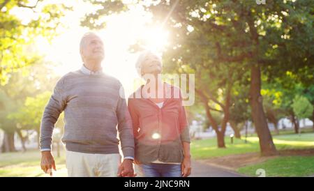 Look at how beautifully the clouds have decorated the sky. an affectionate senior couple looking up the sky while holding hands at the park. Stock Photo