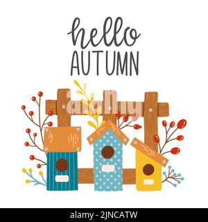Hello autumn birdhouse fall season vector elements Stock Vector