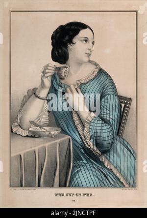 Lithograph, 'The Cup of Tea' showing a young Victorian era woman drinking a cup of tea ca. 1855 Stock Photo