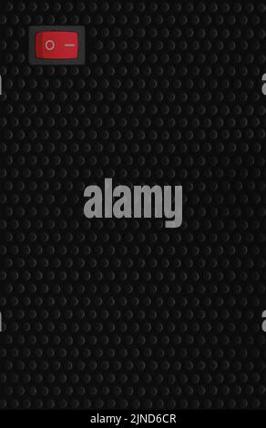 Red rectangle rocker power switch in on position, black abstract dot texture frame vertical pattern, natural blank empty copy space background Stock Photo