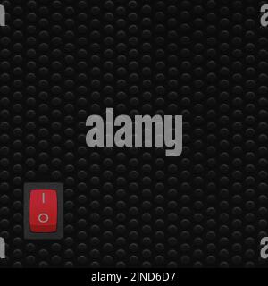 Red rectangle rocker power switch in on position, black abstract dot texture frame vertical pattern, natural blank empty copy space background Stock Photo