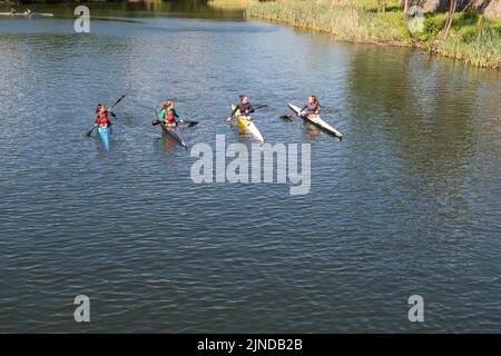 Plasencia, Spain - April 17, 2021: A group or team of young people practices canoeing riding in his canoe navigating the Jerte river Stock Photo
