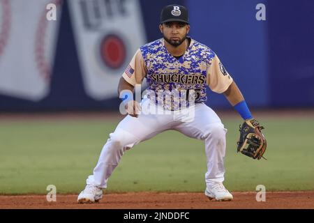 August 10, 2022: Biloxi Shuckers infielder Felix Valerio (15) stands ready for action during an MiLB game between the Biloxi Shuckers and Rocket City Trash Pandas at MGM Park in Biloxi, Mississippi. Bobby McDuffie/CSM Stock Photo
