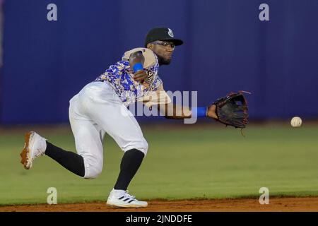 August 10, 2022: Biloxi Shuckers infielder Andruw Monasterio (33) makes a catch during an MiLB game between the Biloxi Shuckers and Rocket City Trash Pandas at MGM Park in Biloxi, Mississippi. Bobby McDuffie/CSM Stock Photo