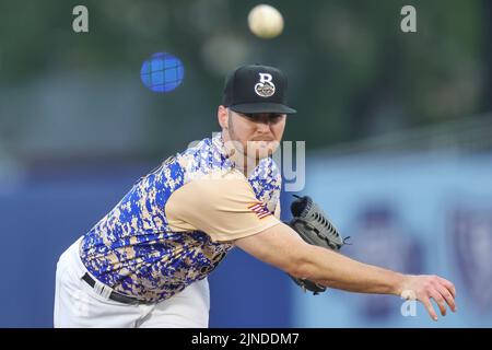 August 10, 2022: Biloxi Shuckers pitcher TJ Shook (35) pitches during an MiLB game between the Biloxi Shuckers and Rocket City Trash Pandas at MGM Park in Biloxi, Mississippi. Bobby McDuffie/CSM Stock Photo