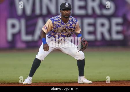 August 10, 2022: Biloxi Shuckers infielder Andruw Monasterio (33) in the ready position during an MiLB game between the Biloxi Shuckers and Rocket City Trash Pandas at MGM Park in Biloxi, Mississippi. Bobby McDuffie/CSM Stock Photo