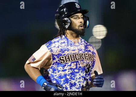 August 10, 2022: Biloxi Shuckers outfielder Garrett Whitley (3) scores during an MiLB game between the Biloxi Shuckers and Rocket City Trash Pandas at MGM Park in Biloxi, Mississippi. Bobby McDuffie/CSM Stock Photo