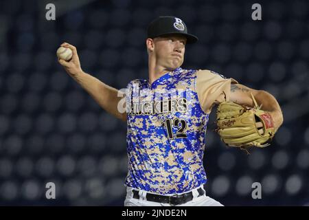 August 10, 2022: Biloxi Shuckers pitcher Nash Walters (12) pitchers during an MiLB game between the Biloxi Shuckers and Rocket City Trash Pandas at MGM Park in Biloxi, Mississippi. Bobby McDuffie/CSM Stock Photo