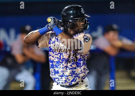 August 10, 2022: Biloxi Shuckers infielder Andruw Monasterio (33) at bat during an MiLB game between the Biloxi Shuckers and Rocket City Trash Pandas at MGM Park in Biloxi, Mississippi. Bobby McDuffie/CSM Stock Photo