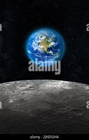 Planet Earth seen from the Moon, dark starry space sky background. Some image elements provided by NASA. Stock Photo