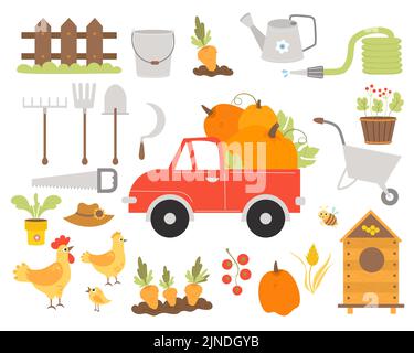 Farming big collection. Pumpkin truck, garden tools, rooster and hen, beehive and bee, carrot patch, wooden fence, straw hat and pumpkin, tomatoes and Stock Vector