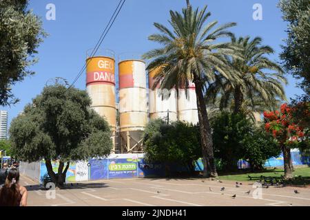 July 2022, Tel-Aviv Israel. Light rail construction in the city center around Rabin square. Stock Photo