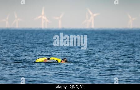 Man with float and fluorescent clothing swimming in the sea or ocean on a Summer day, with wind turbines from a windfarm in the distance, in the UK. Stock Photo