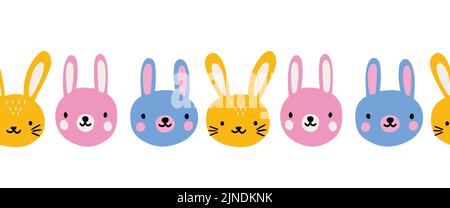 Cute bunnies seamless vector border. Repeating pattern Happy Easter wishes rabbits. Use for baby decor, holiday cards, banners, ribbons, fabric trim Stock Vector