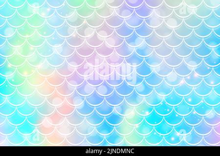 Mermaid rainbow background with scale and stars. Iridescent glitter fish tail pattern. Kawaii vector texture Stock Vector