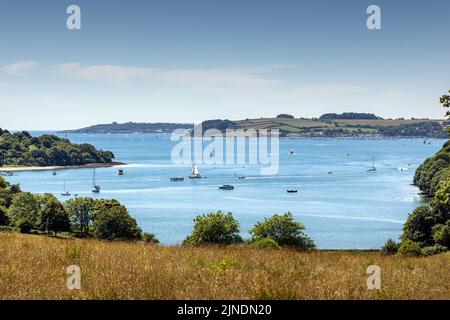 The River Fal with Carrick Roads beyond in South Cornwall, England. Stock Photo