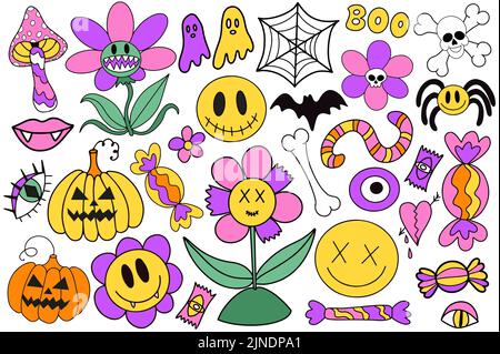 groovy rétro des années 70 halloween grand ensemble d'éléments  fantasmagoriques. autocollants effrayants psychédéliques. vacances de style  hippie. bras de zombie, citrouille, potion, champignon, chauve-souris,  marguerite. illustration vectorielle