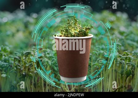 Eco cup with greenery on the background of a green bed with elements of computer graphics. Smart and modern recycling. Life without plastic. Stock Photo