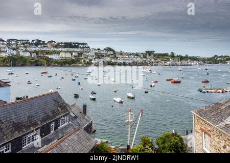 Fowey captured from the Polruan side of the River Fowey Estuary in Cornwall. Stock Photo